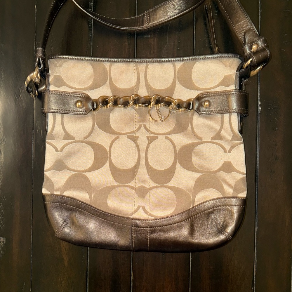 Coach Brown and Tan Signature Shoulder Bag